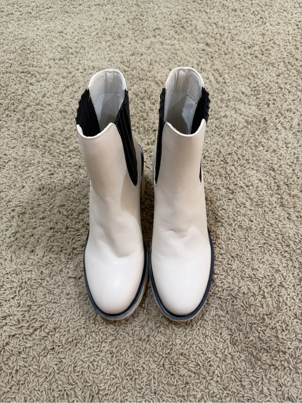 Cream Chelsea Chunky Heel Ankle Boots with Black Elastic Panels
